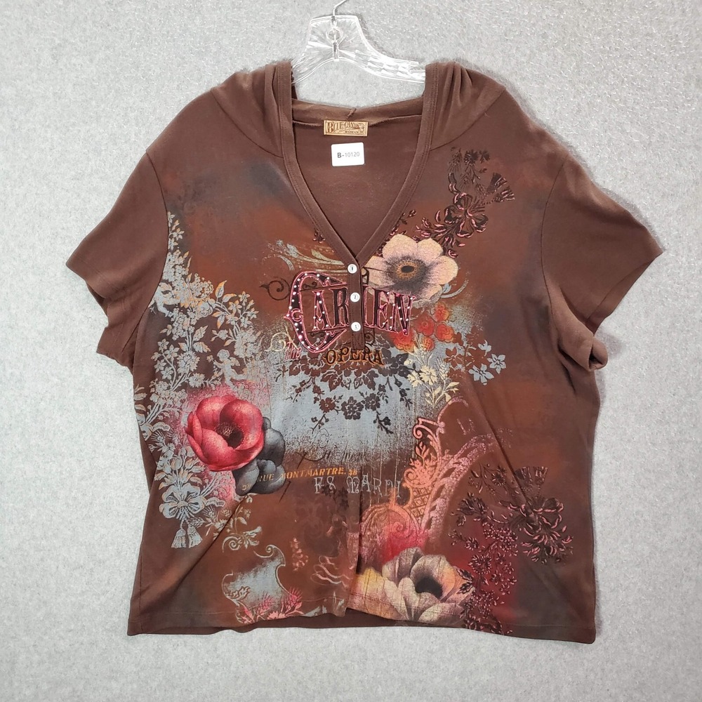 VINTAGE Blue Canyon Women Sweatshirt 3x Brown Hoodie Floral Opera Rhinestones